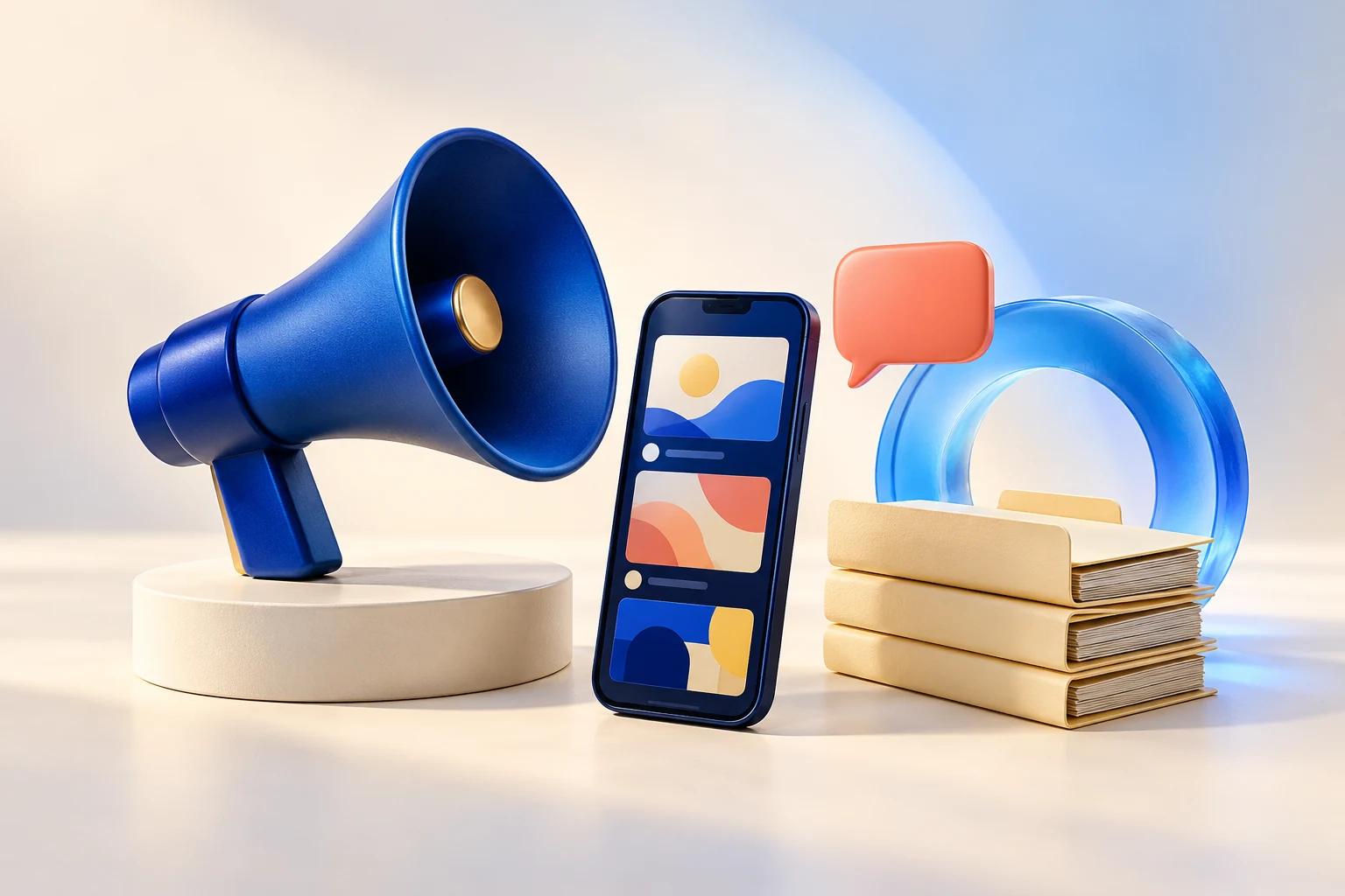 A blue megaphone, social media phone and organised folders represent marketing connected with office productivity